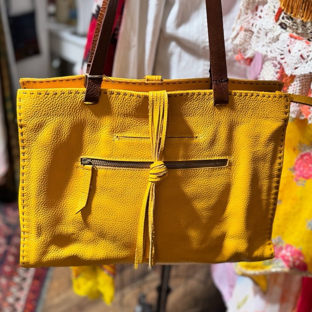 Vibrant Yellow Tote with Brown Straps